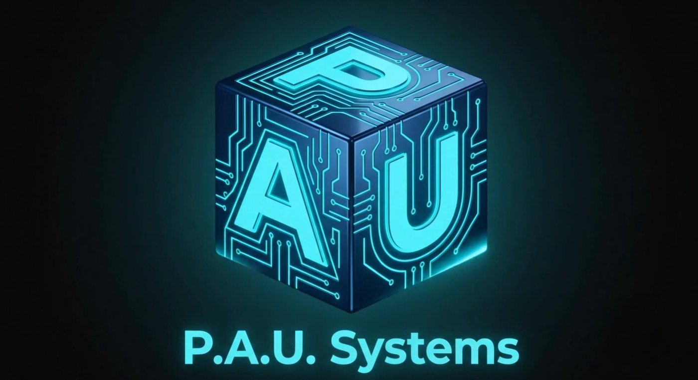 P.A.U. Systems logo — a navy cube with glowing teal circuit-line letterforms spelling P, A, U